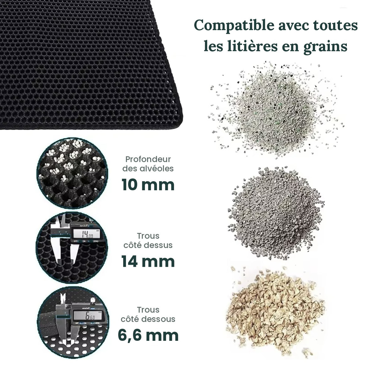 Tapis compatible avec toutes les litières en grains, alvéoles de 10 mm