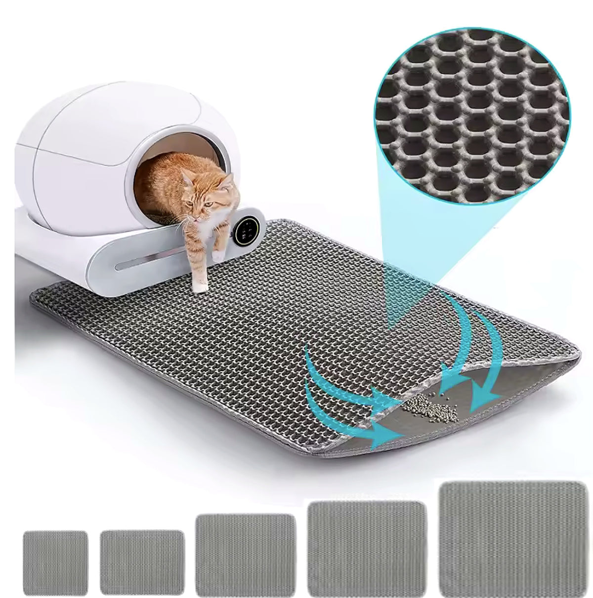 Tapis piège à litière double couche : le chat sort du bac et les grains sont piégés dans les alvéoles